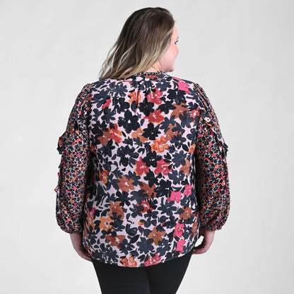 Christopher & Banks Mixed Print Ruffled Long Sleeve Blouse