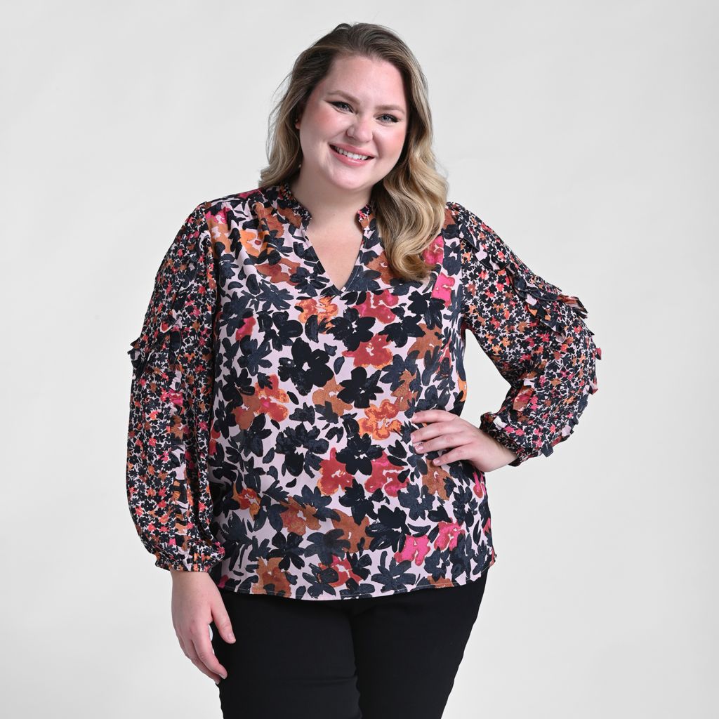 Christopher & Banks Mixed Print Ruffled Long Sleeve Blouse