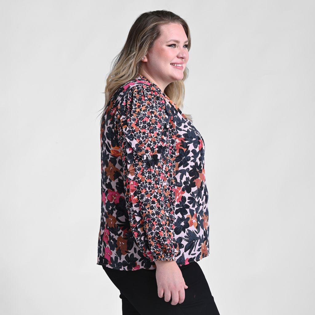 Christopher & Banks Mixed Print Ruffled Long Sleeve Blouse