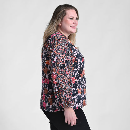 Christopher & Banks Mixed Print Ruffled Long Sleeve Blouse