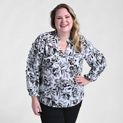 Christopher & Banks Mixed Print Ruffled Long Sleeve Blouse