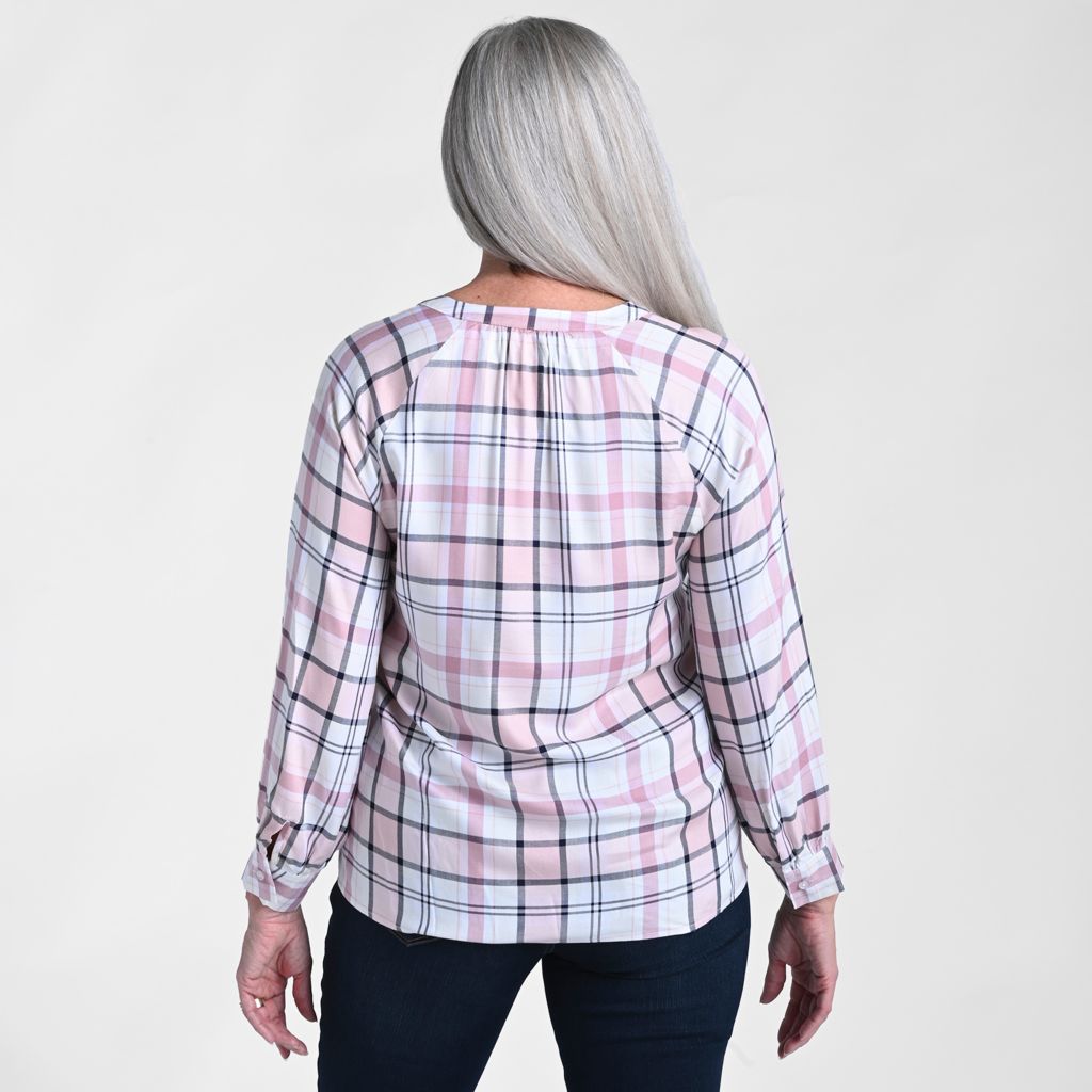 Christopher & Banks Plaid Ruffle Trim Long Sleeve