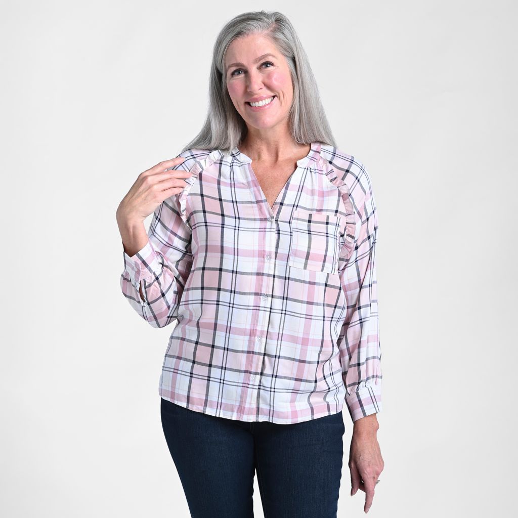 Christopher & Banks Plaid Ruffle Trim Long Sleeve