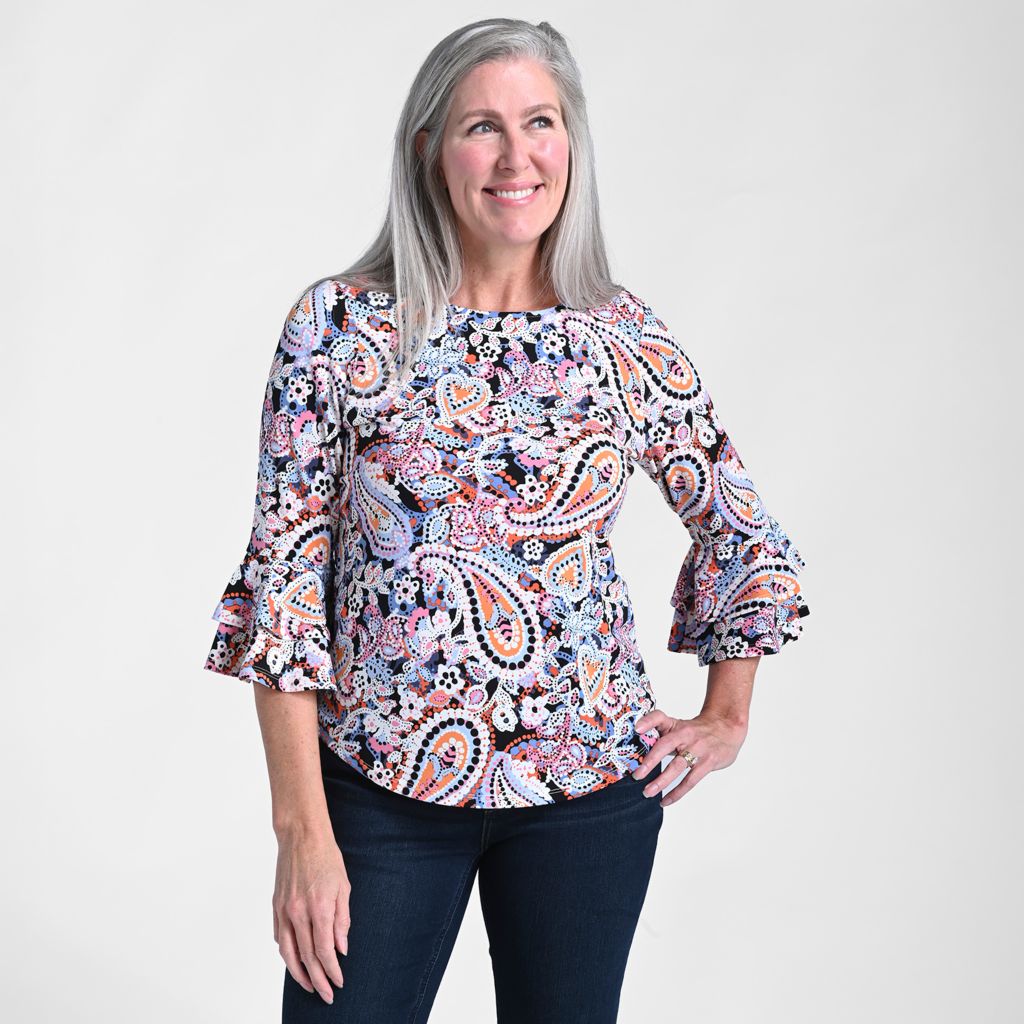 Christopher & Banks Printed Double Ruffle Sleeve Top