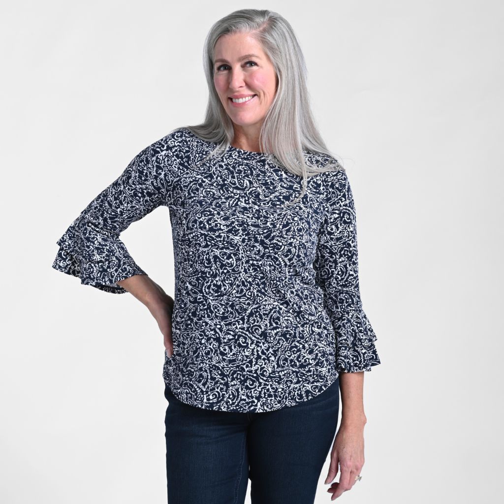 Christopher & Banks Printed Double Ruffle Sleeve Top