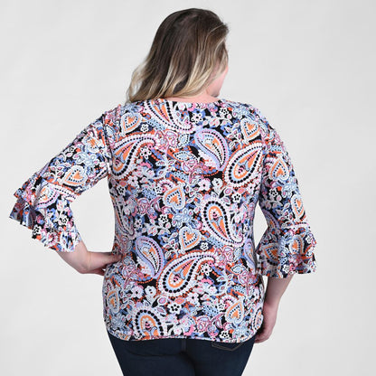 Christopher & Banks Printed Double Ruffle Sleeve Top