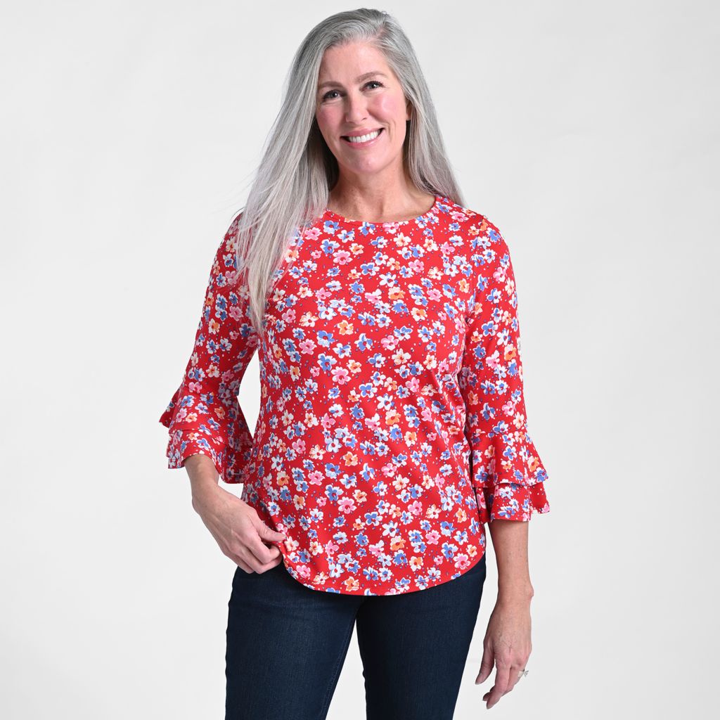 Christopher & Banks Printed Double Ruffle Sleeve Top