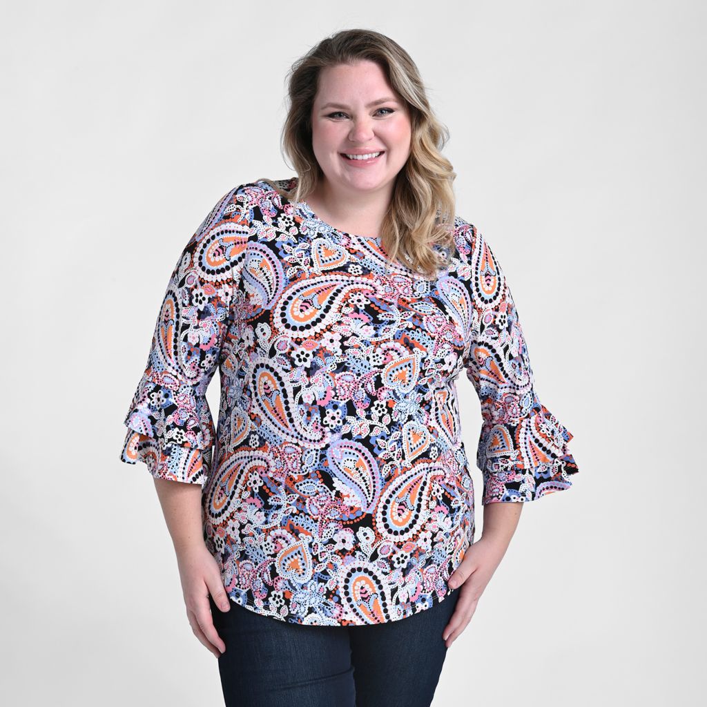 Christopher & Banks Printed Double Ruffle Sleeve Top