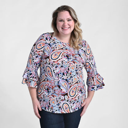 Christopher & Banks Printed Double Ruffle Sleeve Top