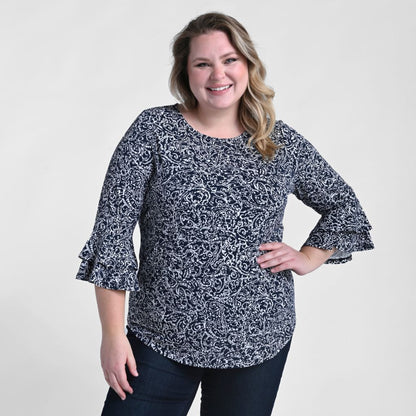 Christopher & Banks Printed Double Ruffle Sleeve Top