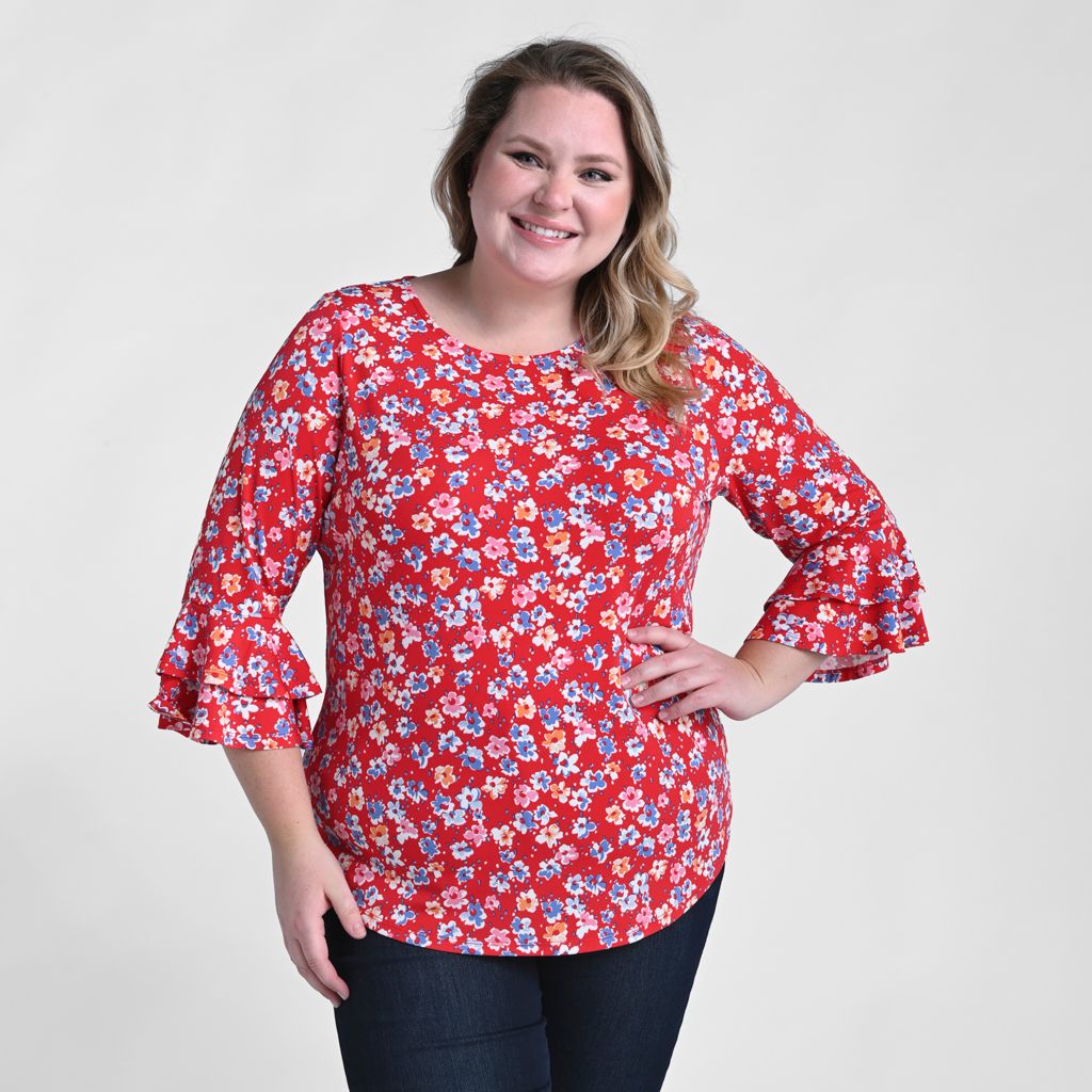 Christopher & Banks Printed Double Ruffle Sleeve Top