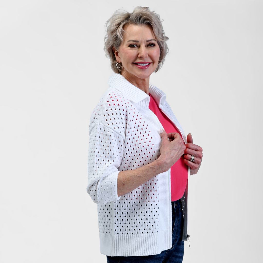 Christopher & Banks Relaxed Restyled Mesh Zip Up Wide Collar Sweater