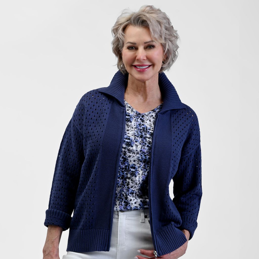 Christopher & Banks Relaxed Restyled Mesh Zip Up Wide Collar Sweater