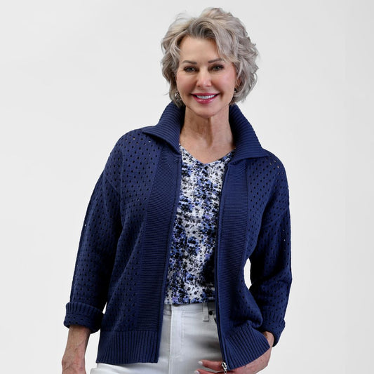 Christopher & Banks Relaxed Restyled Mesh Zip Up Wide Collar Sweater