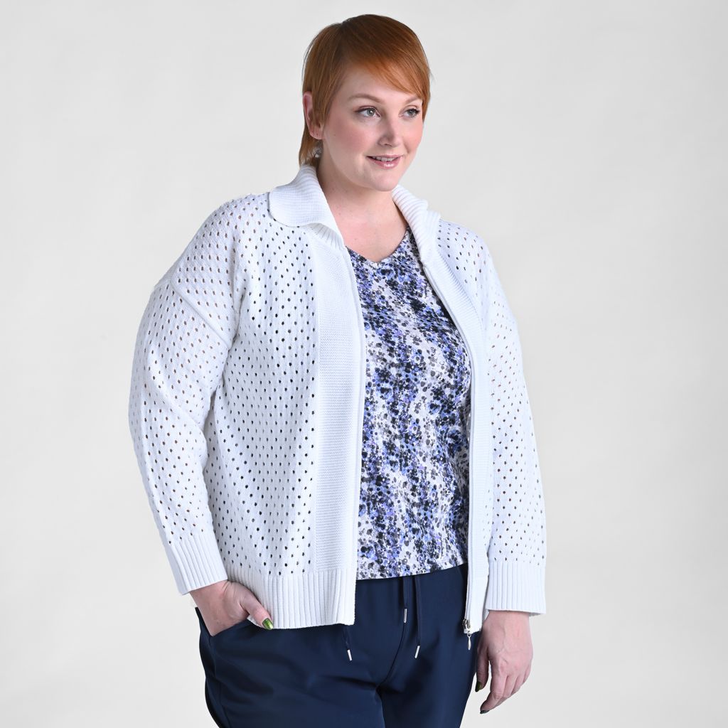 Christopher & Banks Relaxed Restyled Mesh Zip Up Wide Collar Sweater