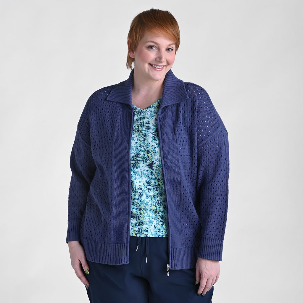 Christopher & Banks Relaxed Restyled Mesh Zip Up Wide Collar Sweater