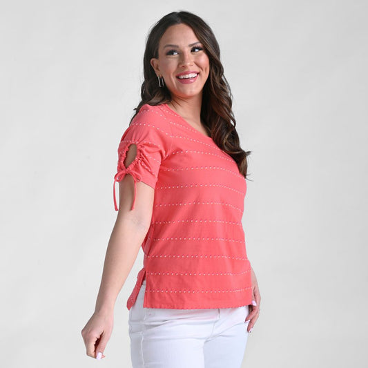 Christopher & Banks Textured Dot Striped Tie Sleeve Top