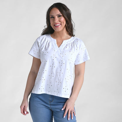 Christopher & Banks Embroidered Eyelet Notch Neck Top
