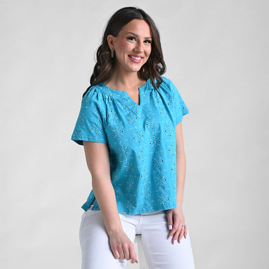 Christopher & Banks Embroidered Eyelet Notch Neck Top
