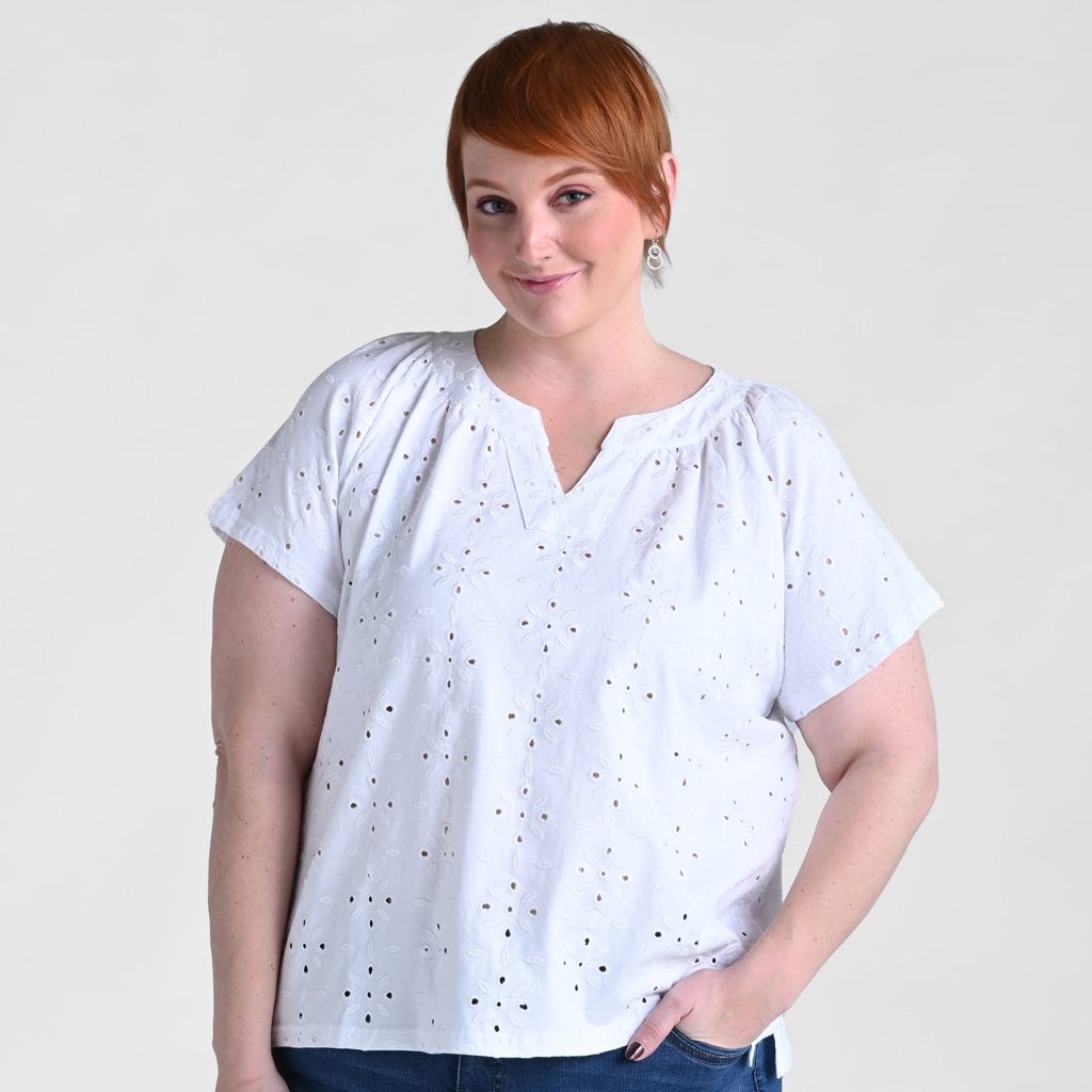 Christopher & Banks Embroidered Eyelet Notch Neck Top