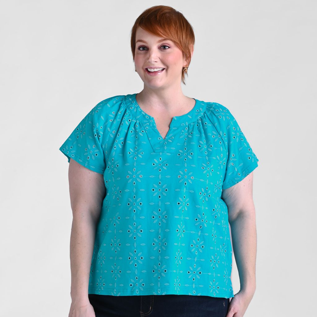 Christopher & Banks Embroidered Eyelet Notch Neck Top