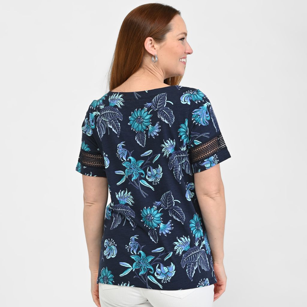 Christopher & Banks Floral Print Lace Inset Short Sleeve Tee