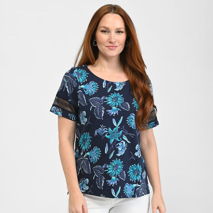 Christopher & Banks Floral Print Lace Inset Short Sleeve Tee