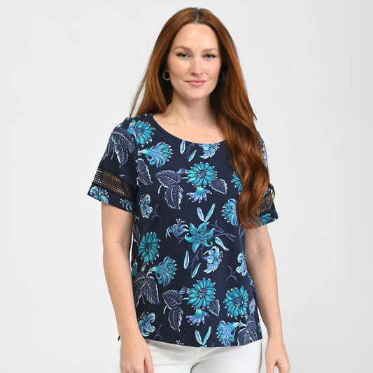 Christopher & Banks Floral Print Lace Inset Short Sleeve Tee