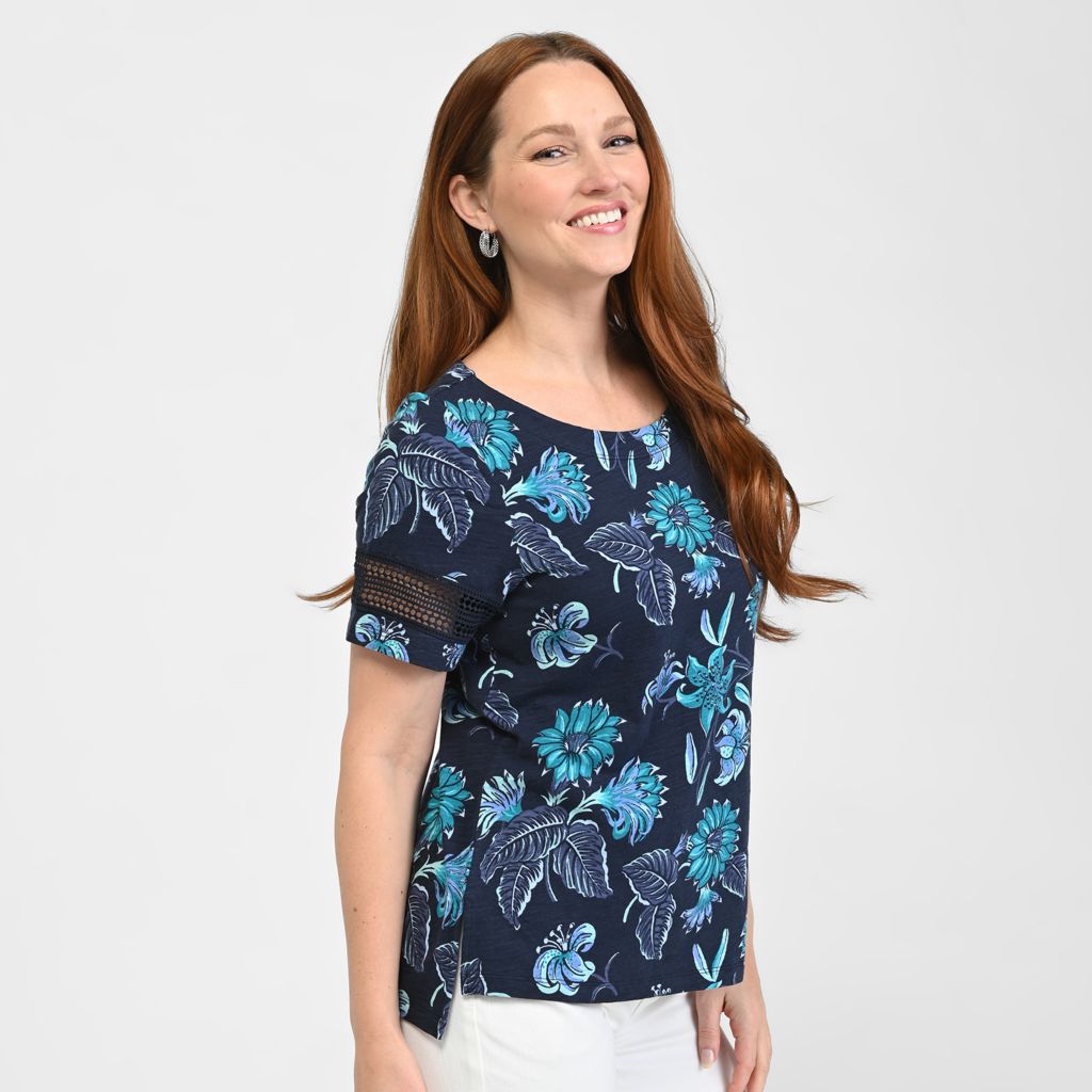 Christopher & Banks Floral Print Lace Inset Short Sleeve Tee