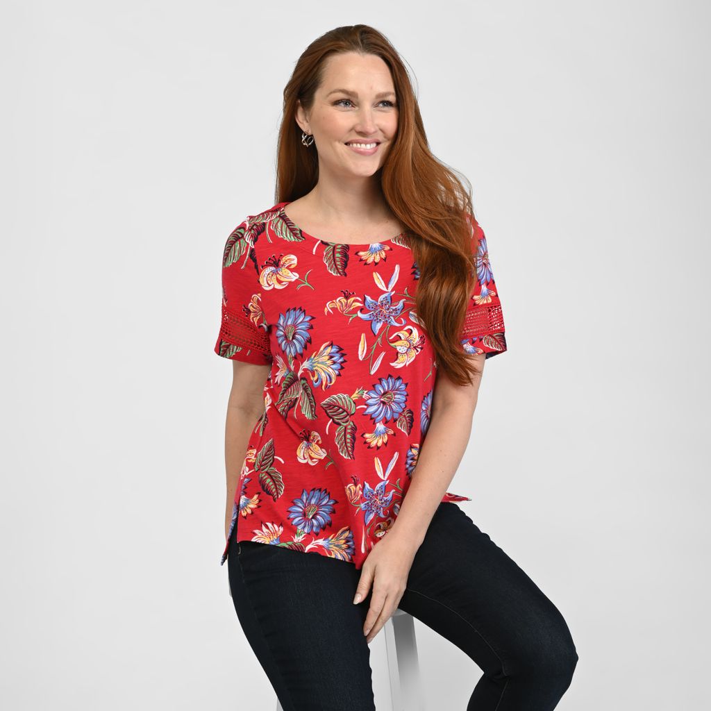 Christopher & Banks Floral Print Lace Inset Short Sleeve Tee