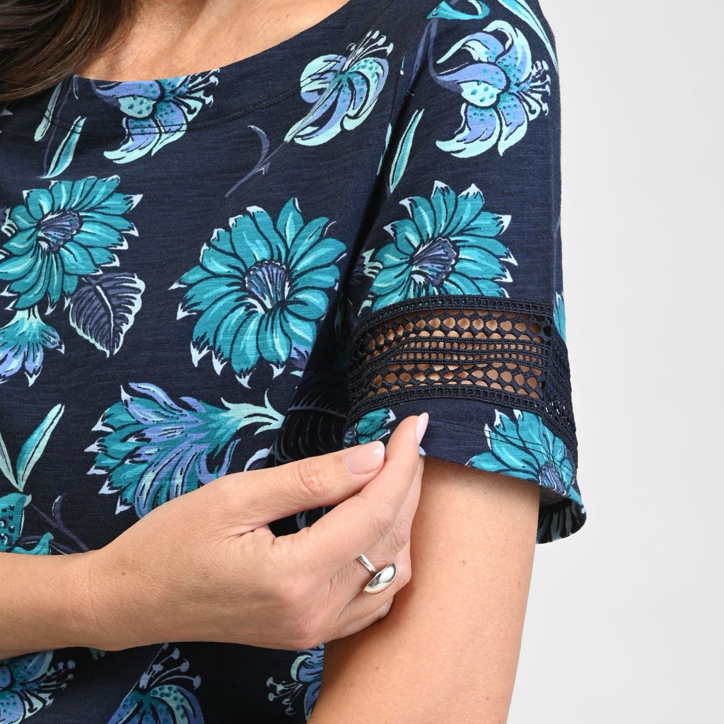 Christopher & Banks Floral Print Lace Inset Short Sleeve Tee