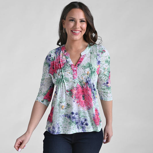 Christopher & Banks Burnout Y Neck 3/4 Sleeve Top