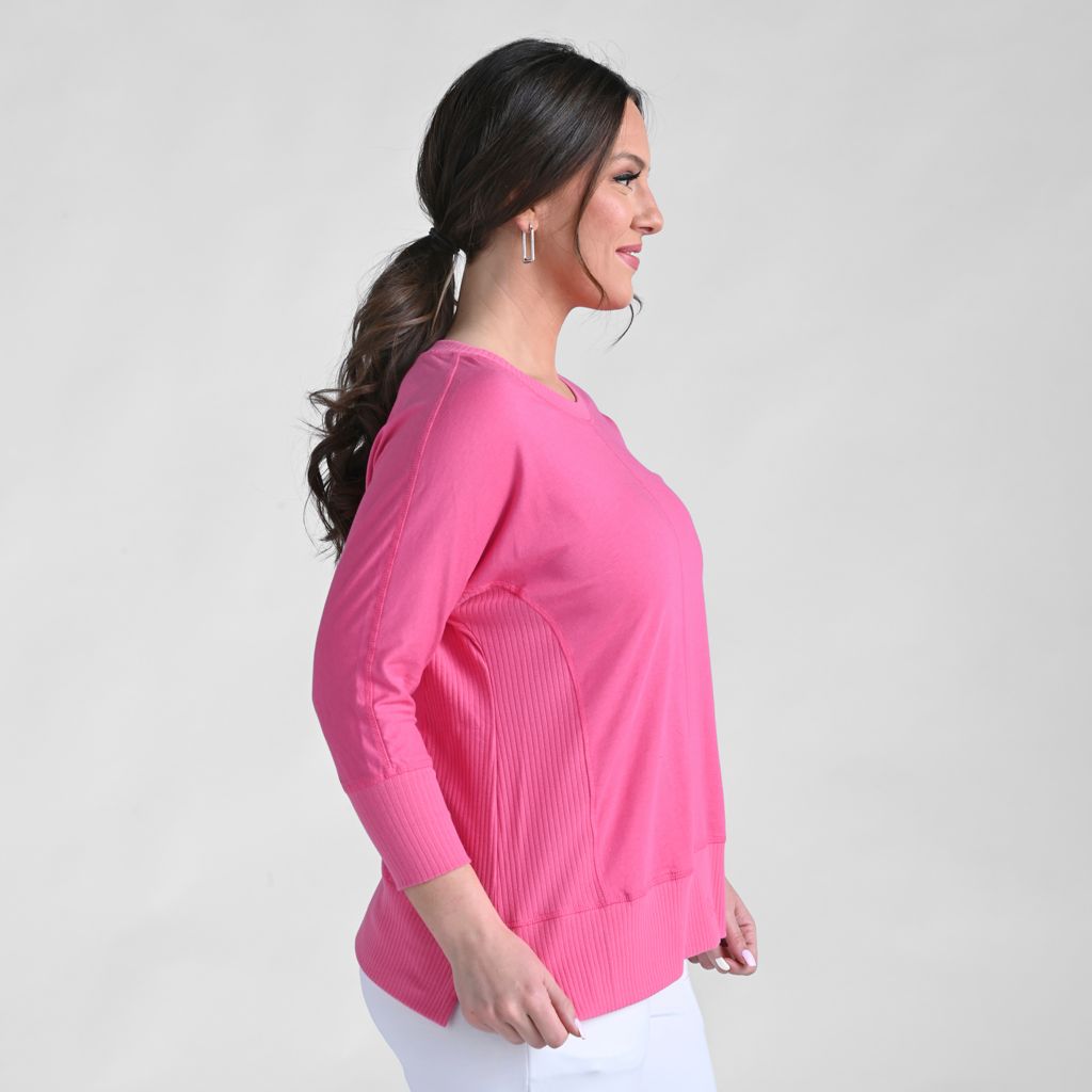 Christopher & Banks Relaxed Restyled Ribbed Detail Dolman 3/4 Sleeve Top