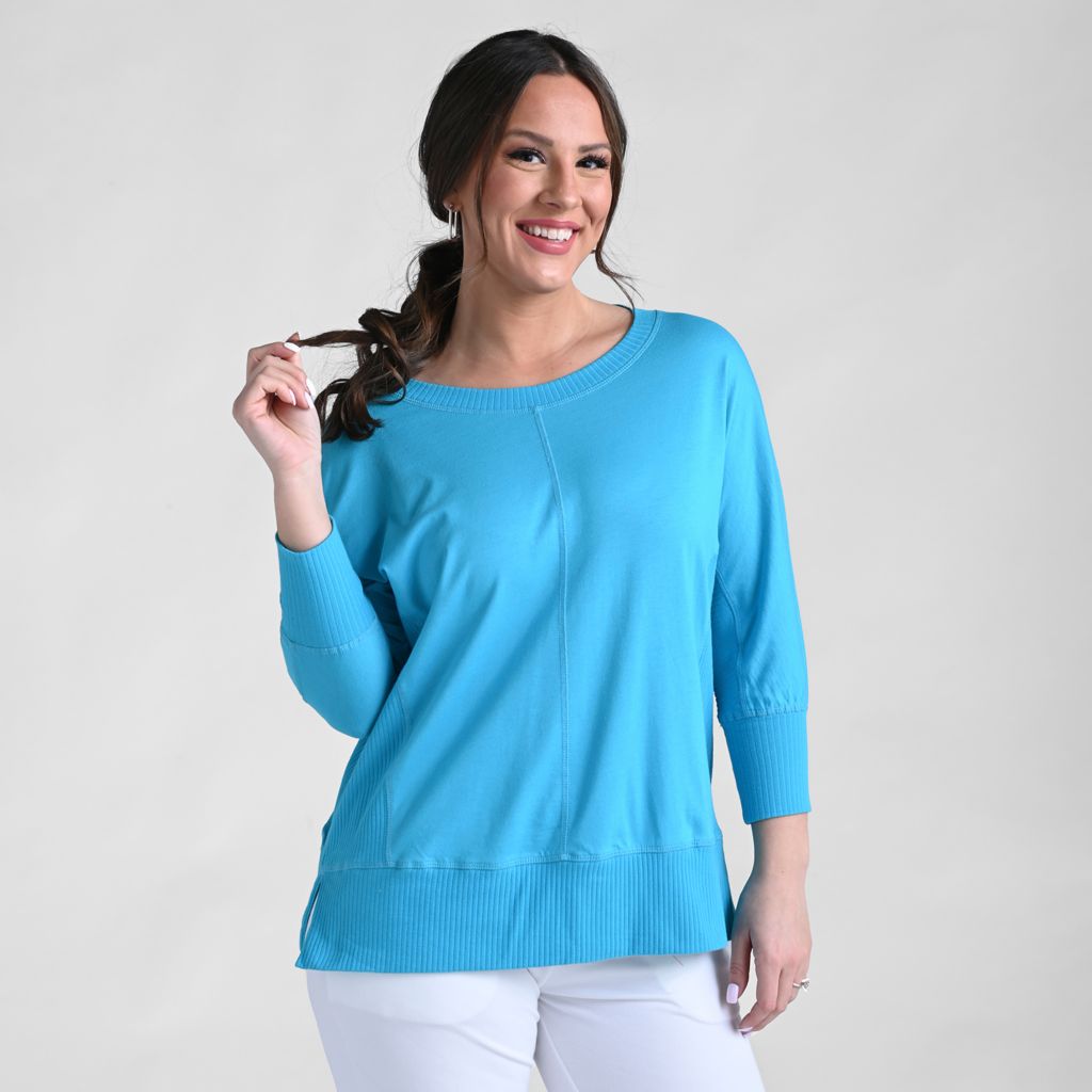 Christopher & Banks Relaxed Restyled Ribbed Detail Dolman 3/4 Sleeve Top