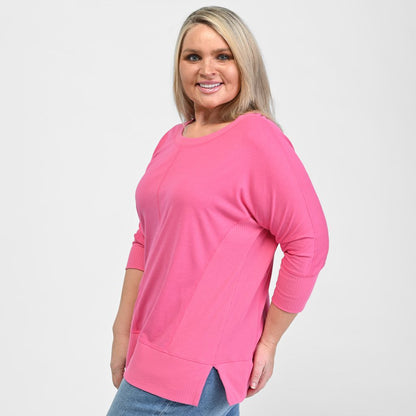 Christopher & Banks Relaxed Restyled Ribbed Detail Dolman 3/4 Sleeve Top