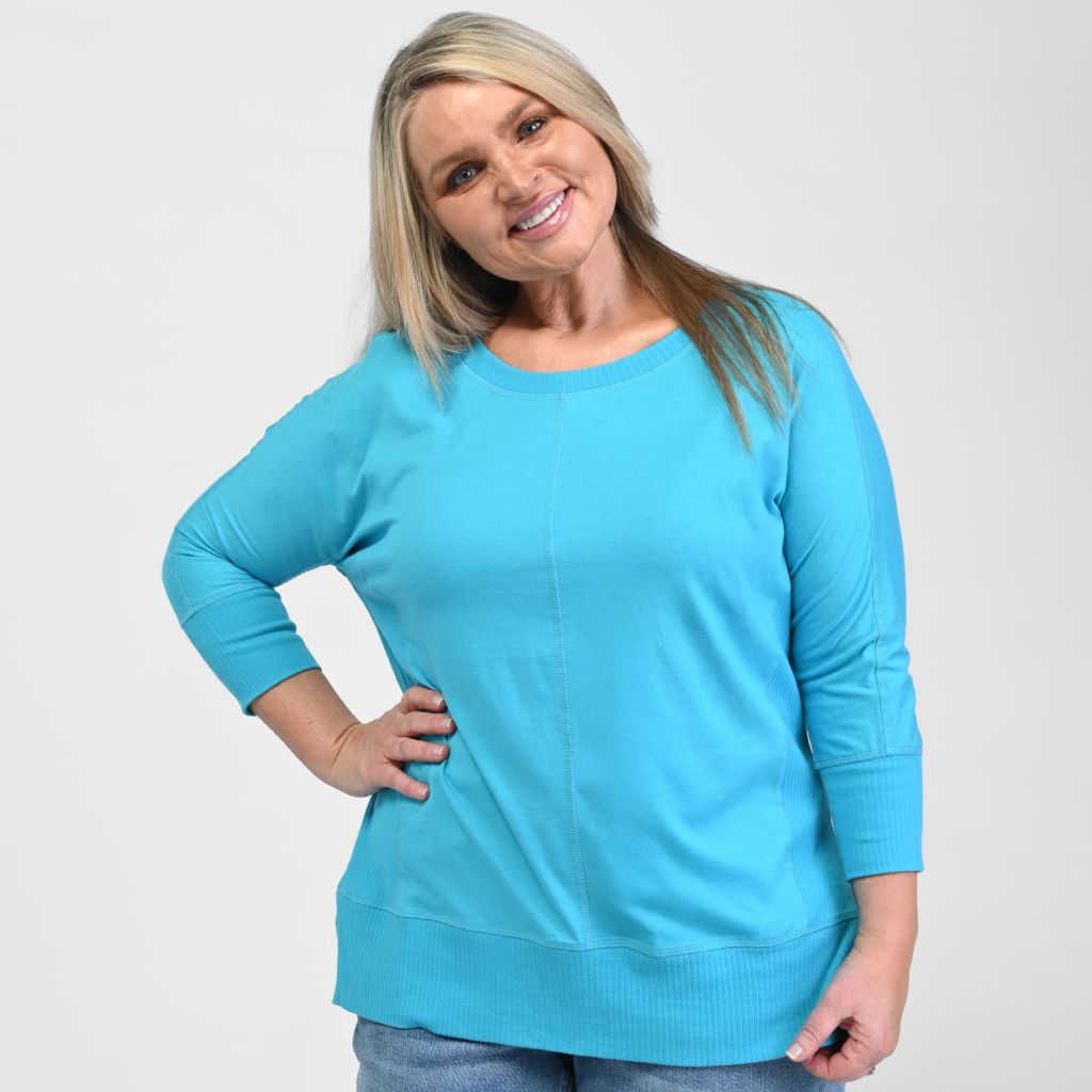Christopher & Banks Relaxed Restyled Ribbed Detail Dolman 3/4 Sleeve Top