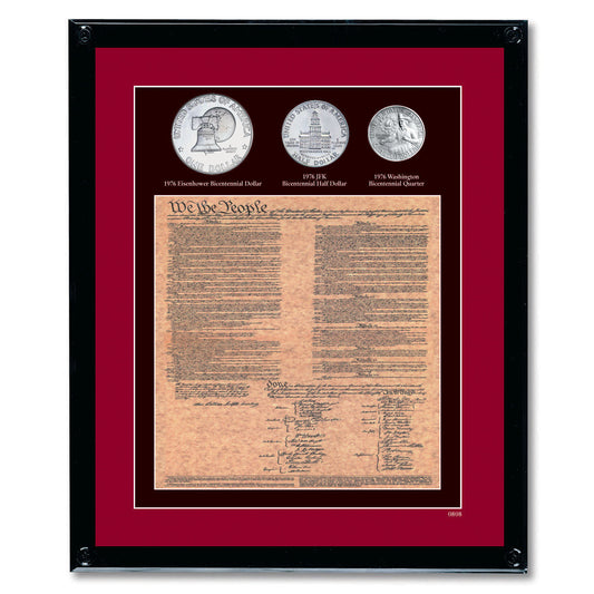Framed U.S. Constitution With All 3 Bicentennial Coins