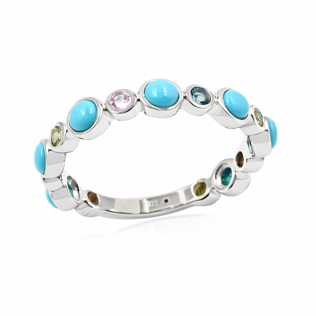 Sterling Silver Sleeping Beauty Turq & Multi Sapphire Station Eternity Band Ring