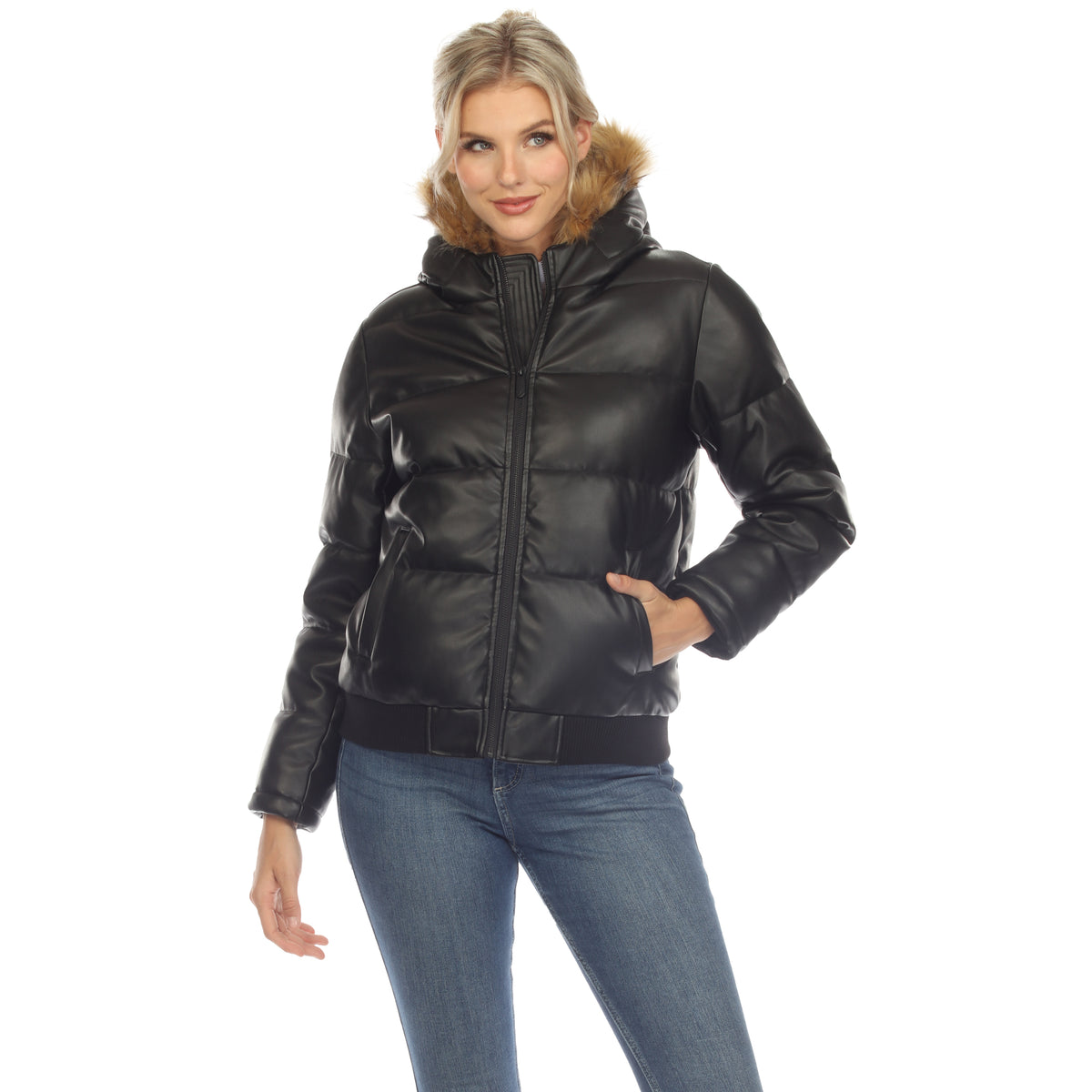 White Mark Women's Removable Fur Hoodie Bomber Faux Leather Jacket
