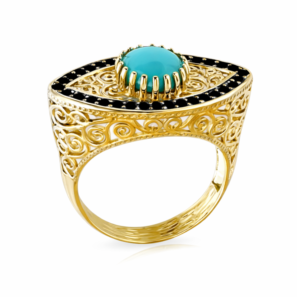 Sterling Silver 7mm Round Sleeping Beauty Turq Filigree Evil Eye Ring