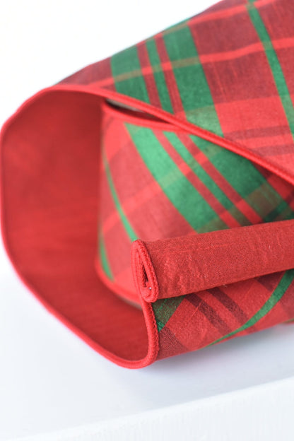 4" x 10yd Double Faced Red/Green Plaid Faux Dupioni Ribbon