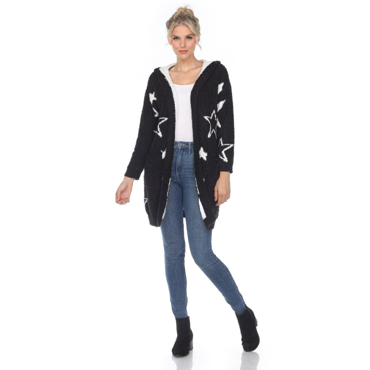 White Mark Women's Stars Hooded Open Front Sherpa Coat