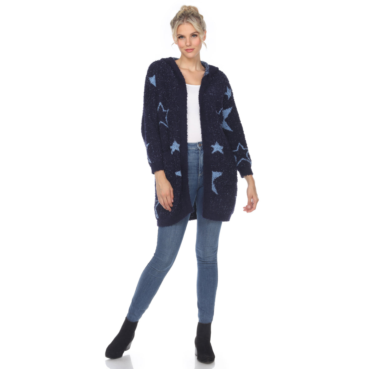 White Mark Women's Stars Hooded Open Front Sherpa Coat