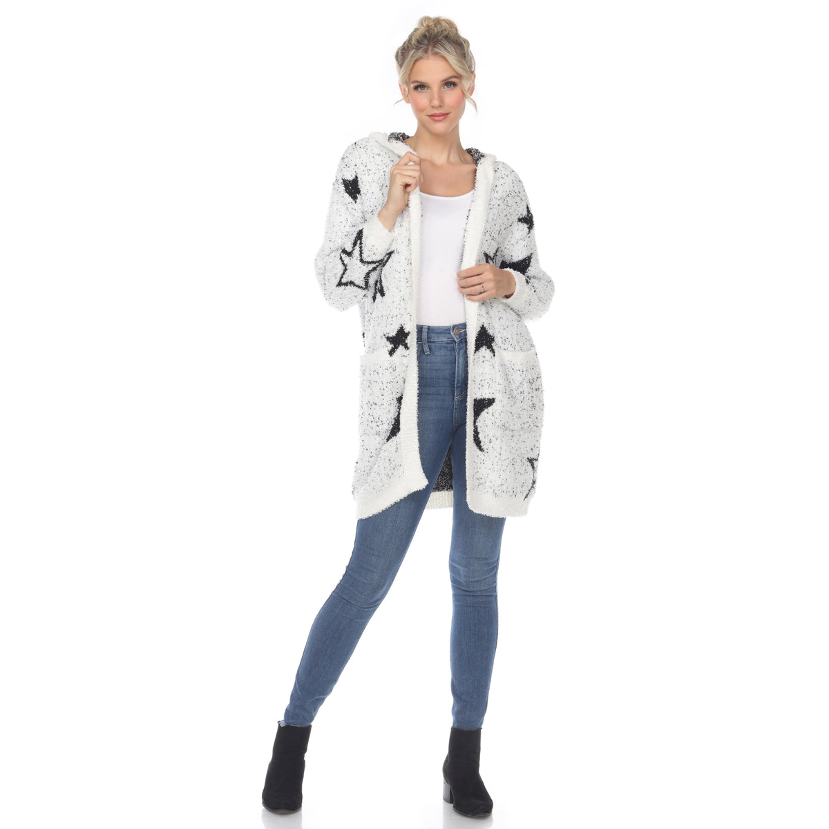 White Mark Women's Stars Hooded Open Front Sherpa Coat