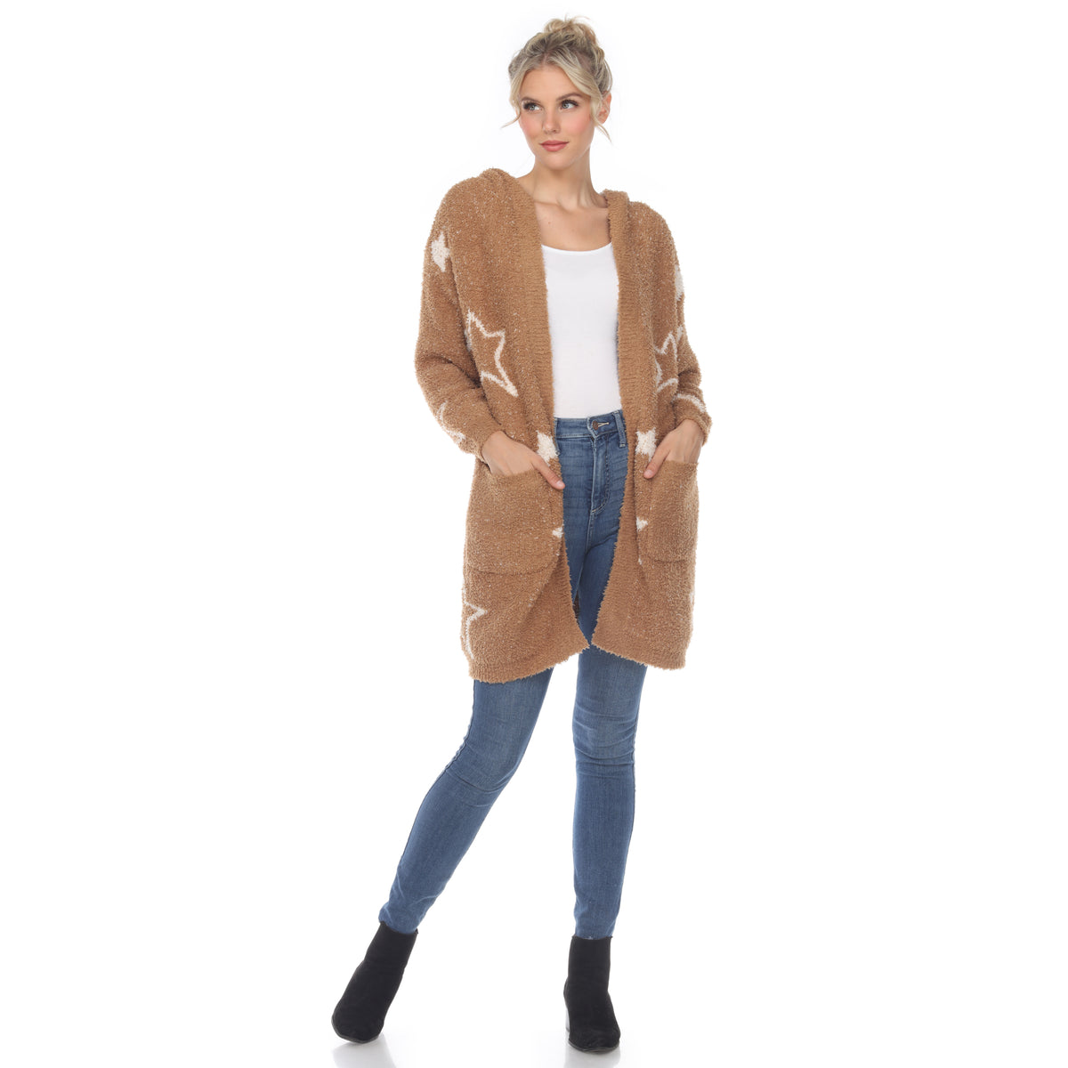 White Mark Women's Stars Hooded Open Front Sherpa Coat
