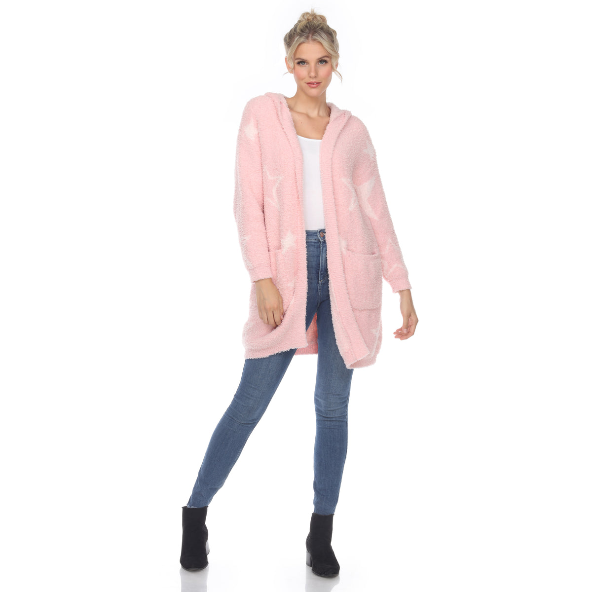 White Mark Women's Stars Hooded Open Front Sherpa Coat