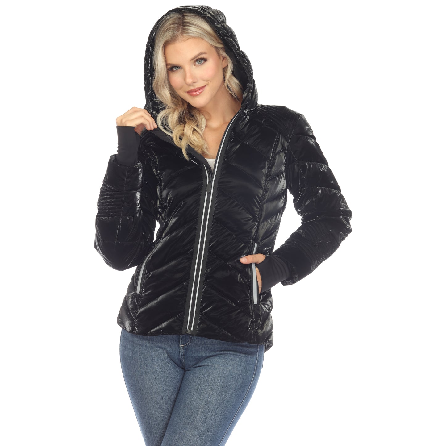 White Mark Women's Midweight Quilted Hooded Jacket with Thumbholes