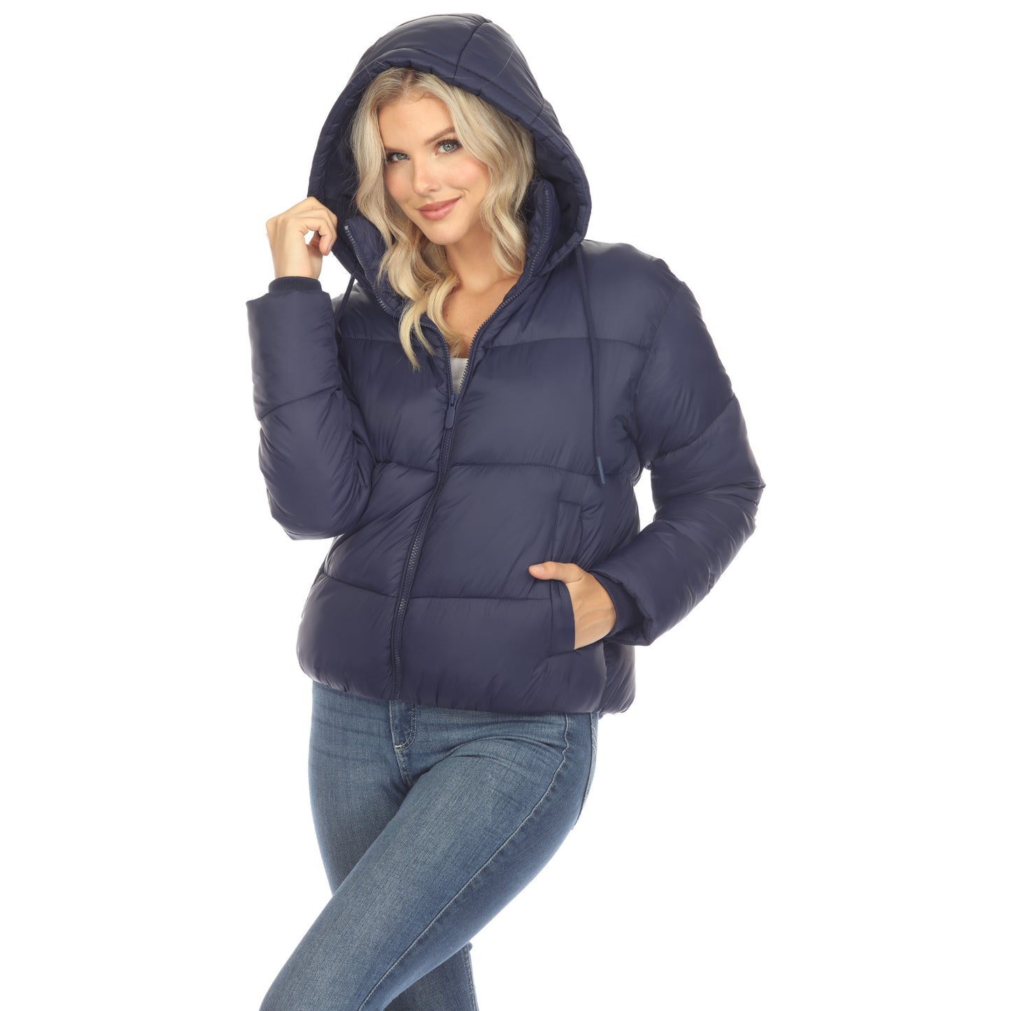 White Mark Women's Full Front Zip Hooded Bomber Puffer Coat
