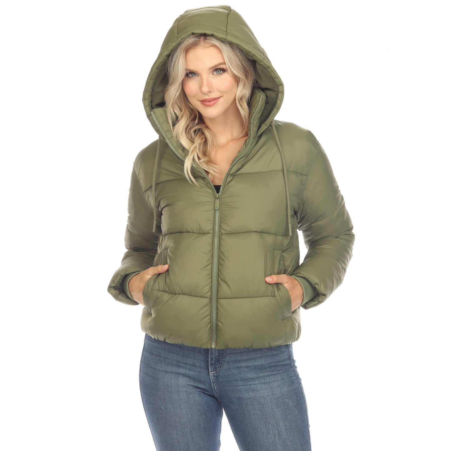 White Mark Women's Full Front Zip Hooded Bomber Puffer Coat