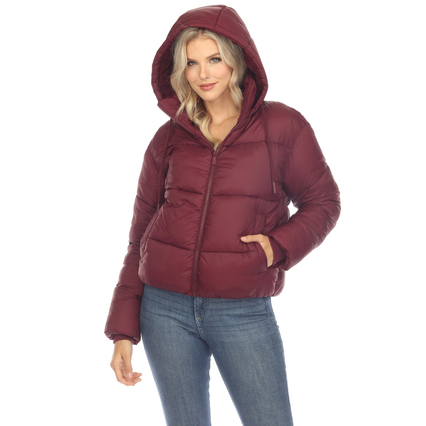 White Mark Women's Full Front Zip Hooded Bomber Puffer Coat